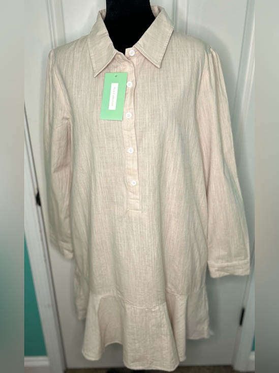 Boutique brand Dresses & Skirts - Linen Blend Ruffle Hem Long Sleeve Shift Shirt Dress Beige Neutral Boutique Lrg
